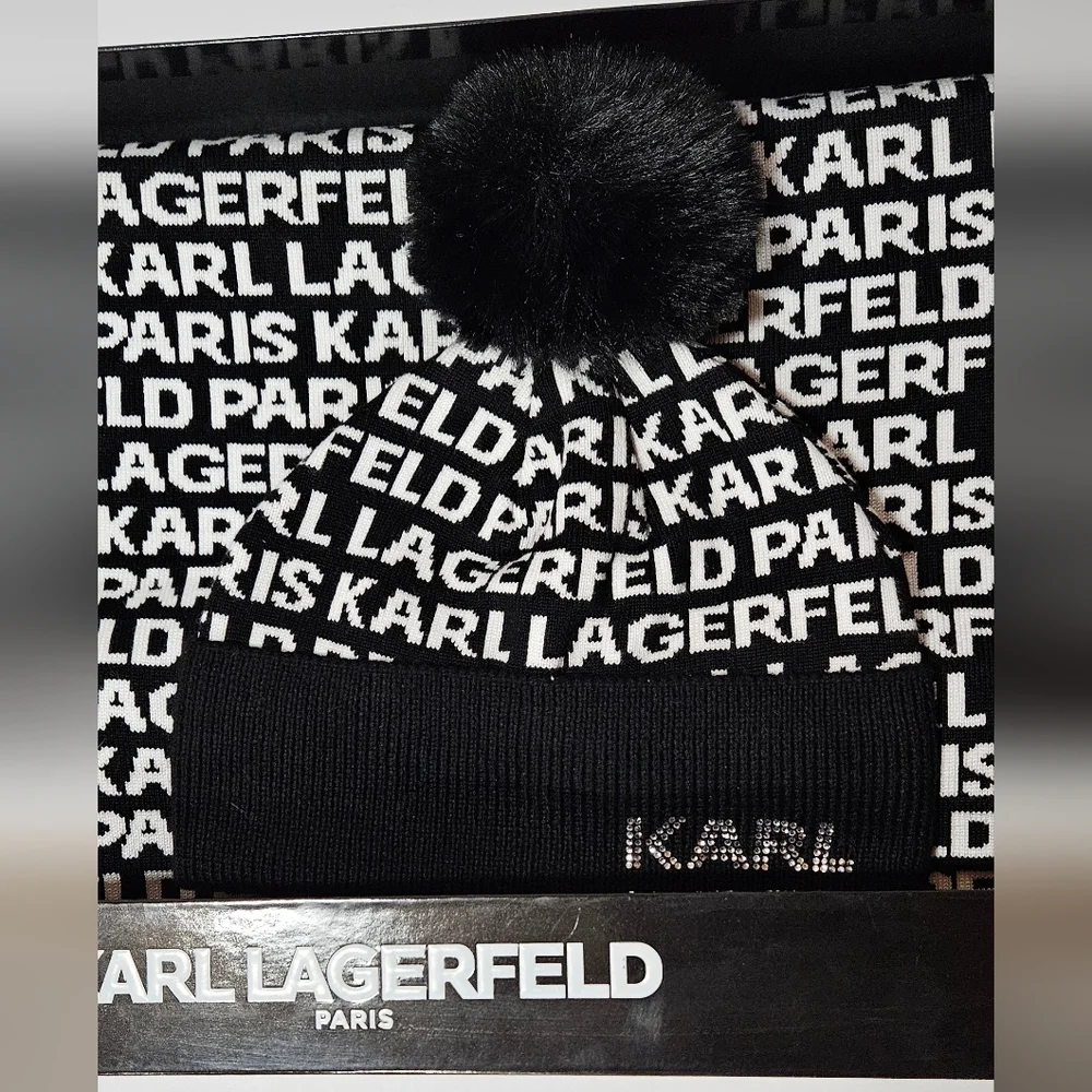 NWT Karl Lagerfeld Beanie, Scarf And Gloves Set. Black And White Logo W/ Box - Picture 3 of 5